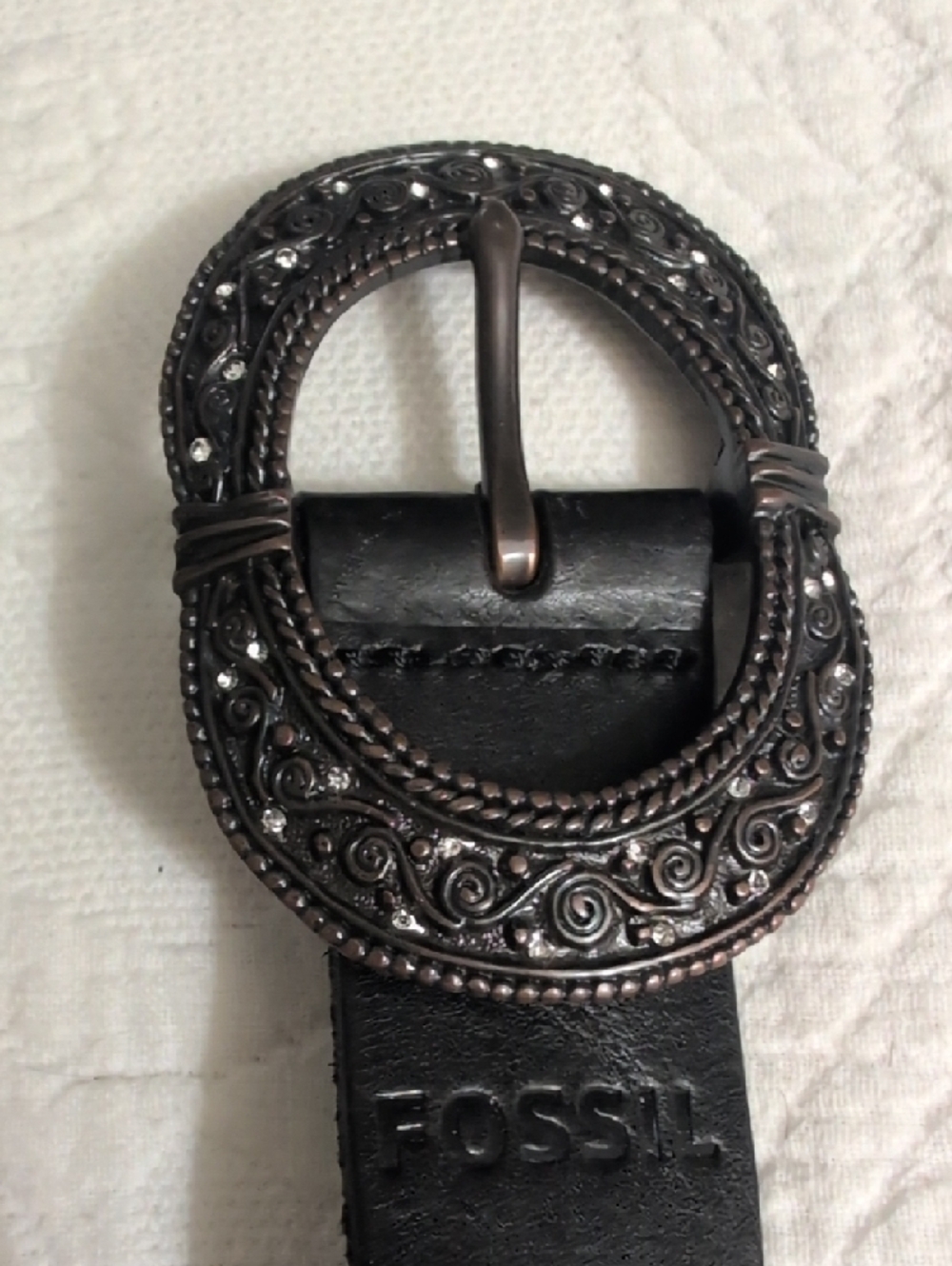 Fossil Black Leather Belt with Decorative Antique Silver Buckle - Picture 2 of 9